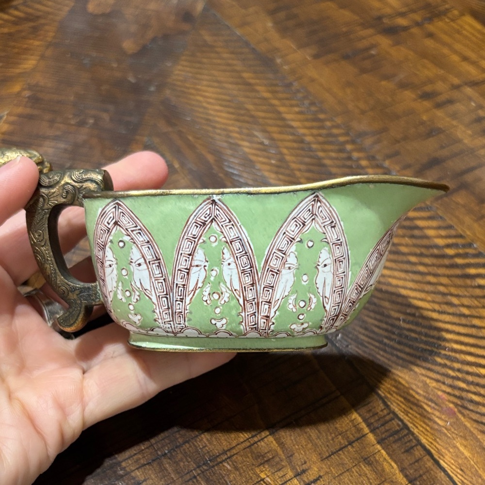 Vintage Enamelware Candle Tub Brass Embossed Handle Rare Design set of two